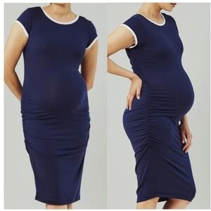 Womens Maternity Dress Medium Navy Ruched Stretch T Shirt PREETI NANDANAR USA